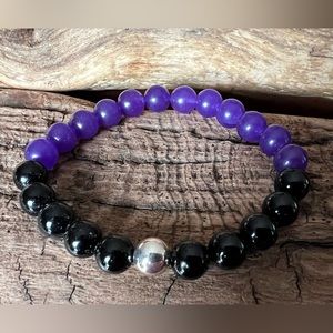 New 925 Silver Black Onyx & Amethyst Bracelet Natural Stone Beaded Stretchy 8mm